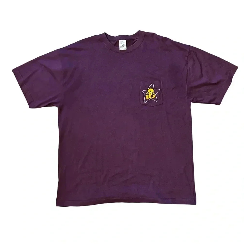 1998 Warner Bros Tweety Bird Embroidered Unisex XL‎ Tshirt Plum Purple EUC